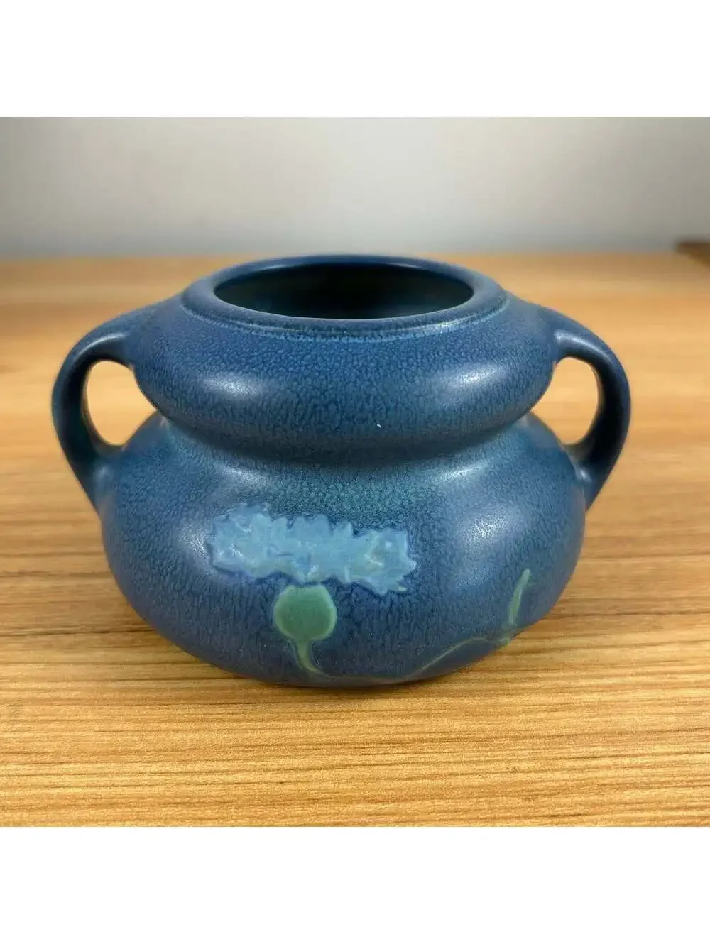 Weller Fru Russet 1900s Art Pottery Blue Mottled Glaze Floral Handled Squat Vase